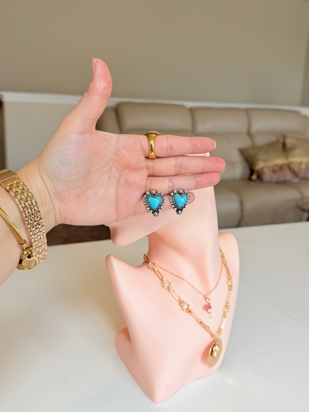Turquoise Heart Stud Earrings - Picture 9 of 12